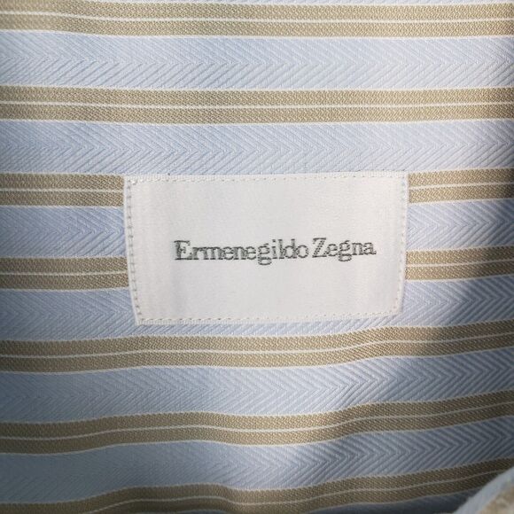 Ermenegildo Zegna Striped Dress Shirt Mens 18 48 Blue Beige Button Down 52x32 - Picture 7 of 10